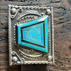 Turquoise and Silver Geometric Belt Buckle